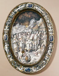 Plat ovale représentant la descente de Moïse du Mont Sinaï, École de Limousin